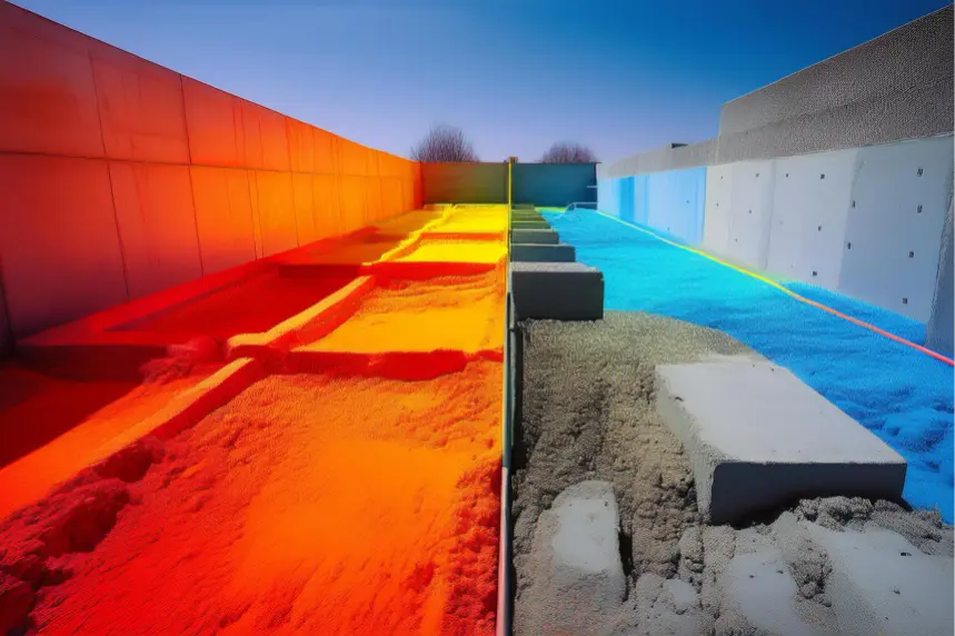 Application of colorful industrial coating or insulation on large concrete surfaces.